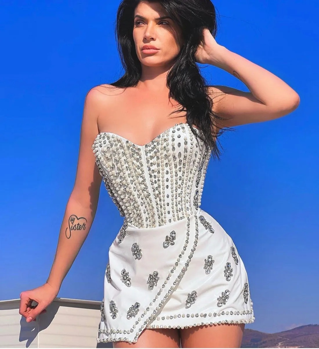 Elaina Beautiful White with Gloves Evening Dress