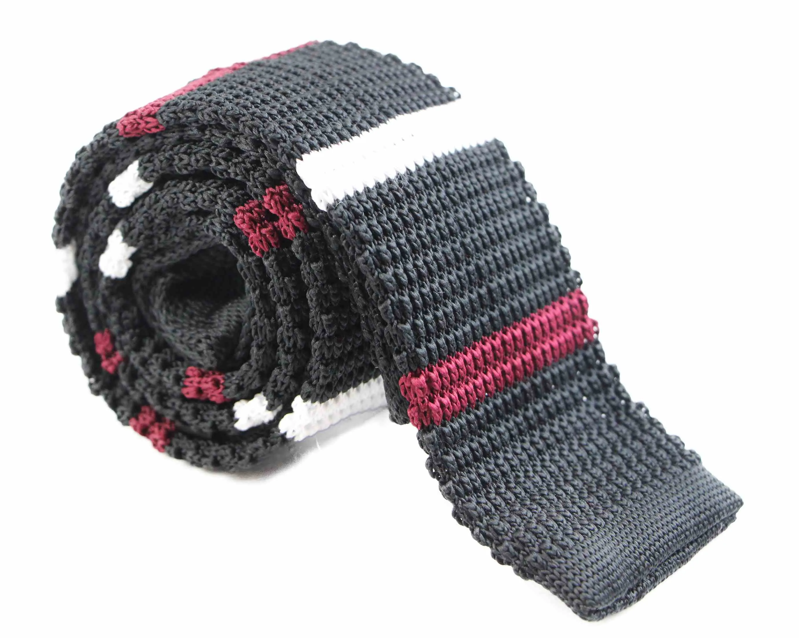 Knitted Black, White & Maroon Striped Patterned Neck Tie