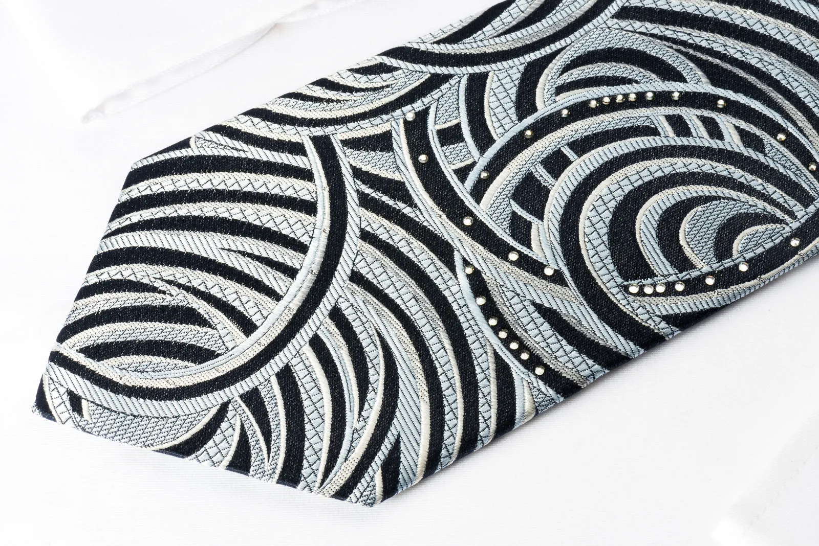 Lancetti Silk Rhinestone Necktie Silver Blue Scrolls On Black With Silver Sparkles