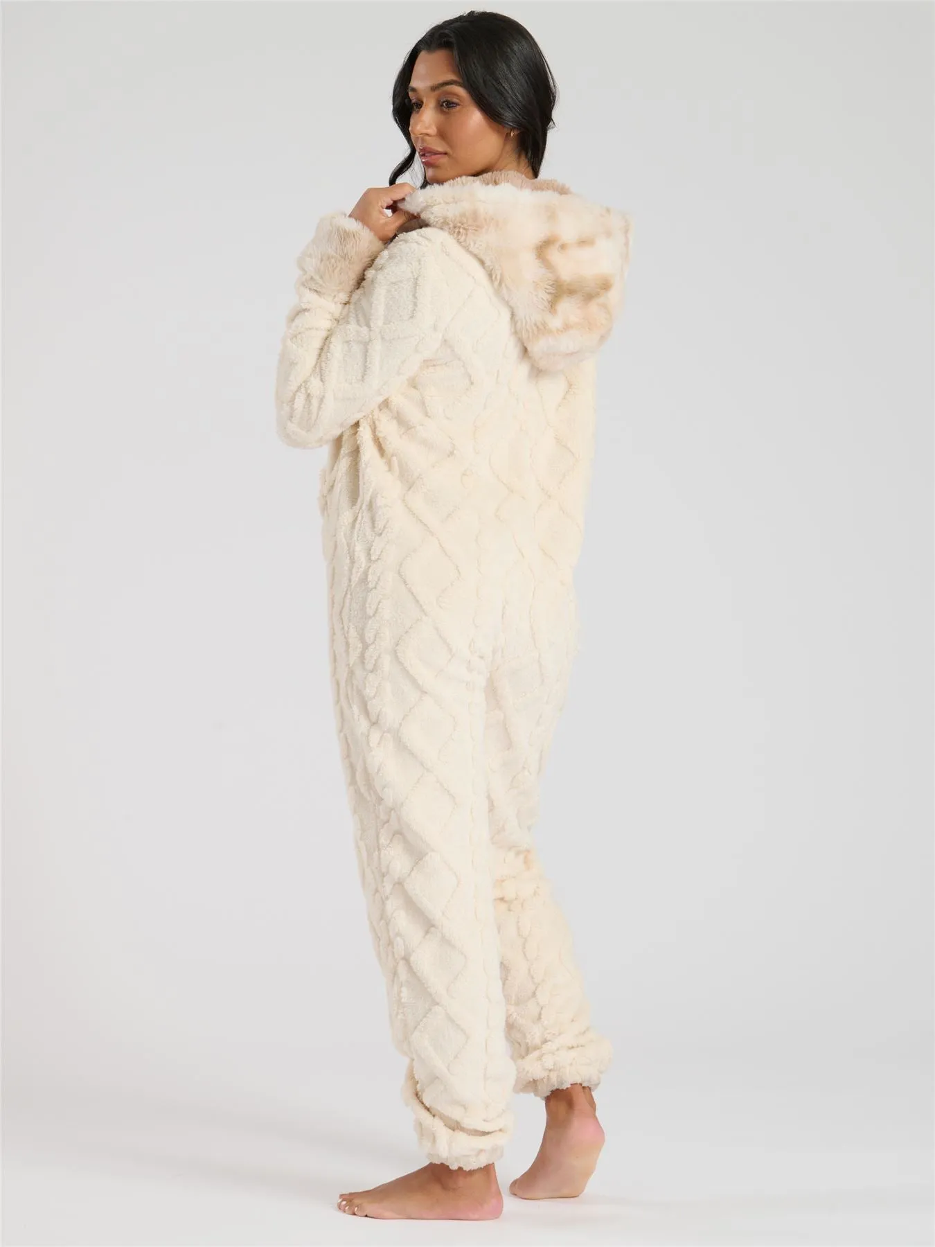 Loungeable Womens Cable Cut Faux Fur Trim Onesie