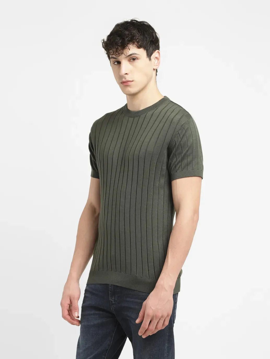 Men's Striped Olive Crew Neck Sweater