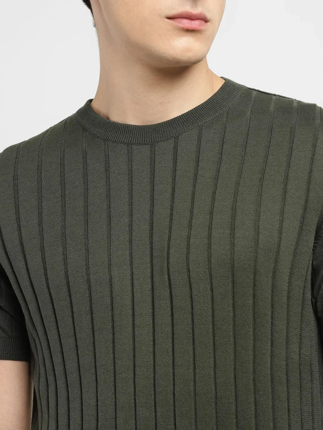 Men's Striped Olive Crew Neck Sweater