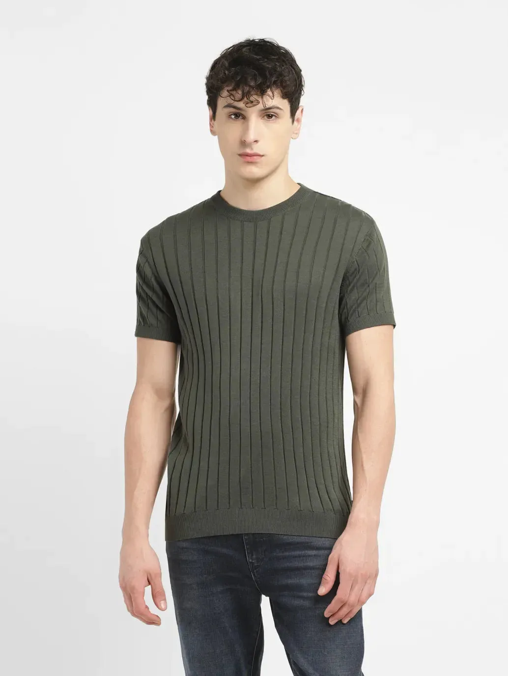 Men's Striped Olive Crew Neck Sweater