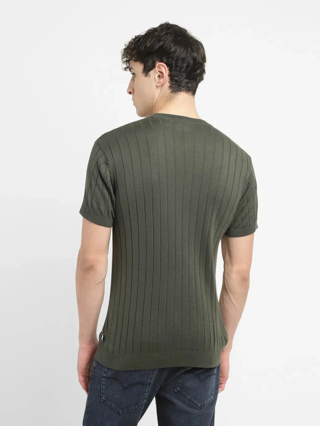 Men's Striped Olive Crew Neck Sweater