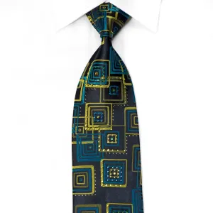 Mila Schon Men's Crystal Silk Necktie Retro Green Blue Geometric Design On Navy