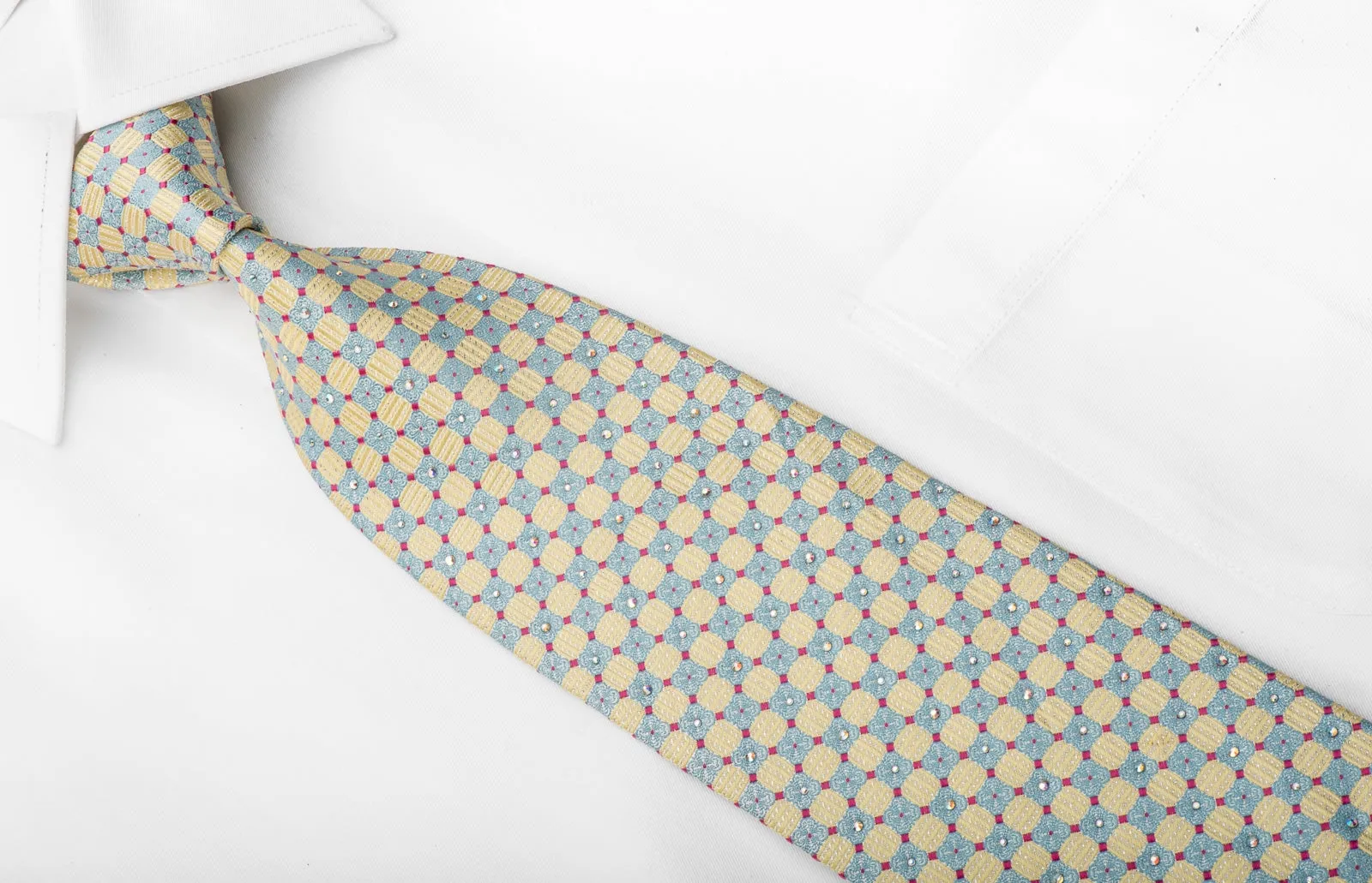 Paco Rabanne Men's Crystal Rhinestone Tie Blue Yellow Checkered Silk With Silver Sparkles