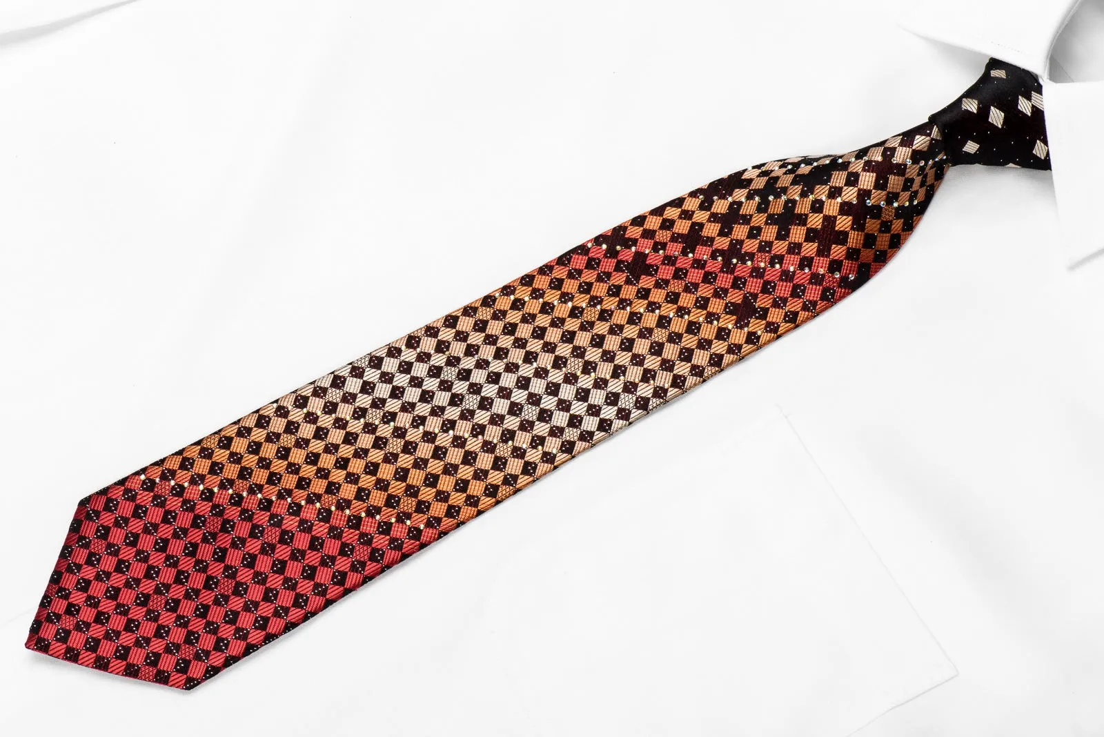 Paco-Rabanne Men's Crystal Silk Necktie Orange Black Checkered With Sparkles