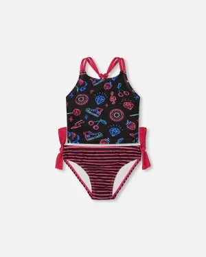 Printed Two-Piece Swimsuit Black And Blue And Pink Items
