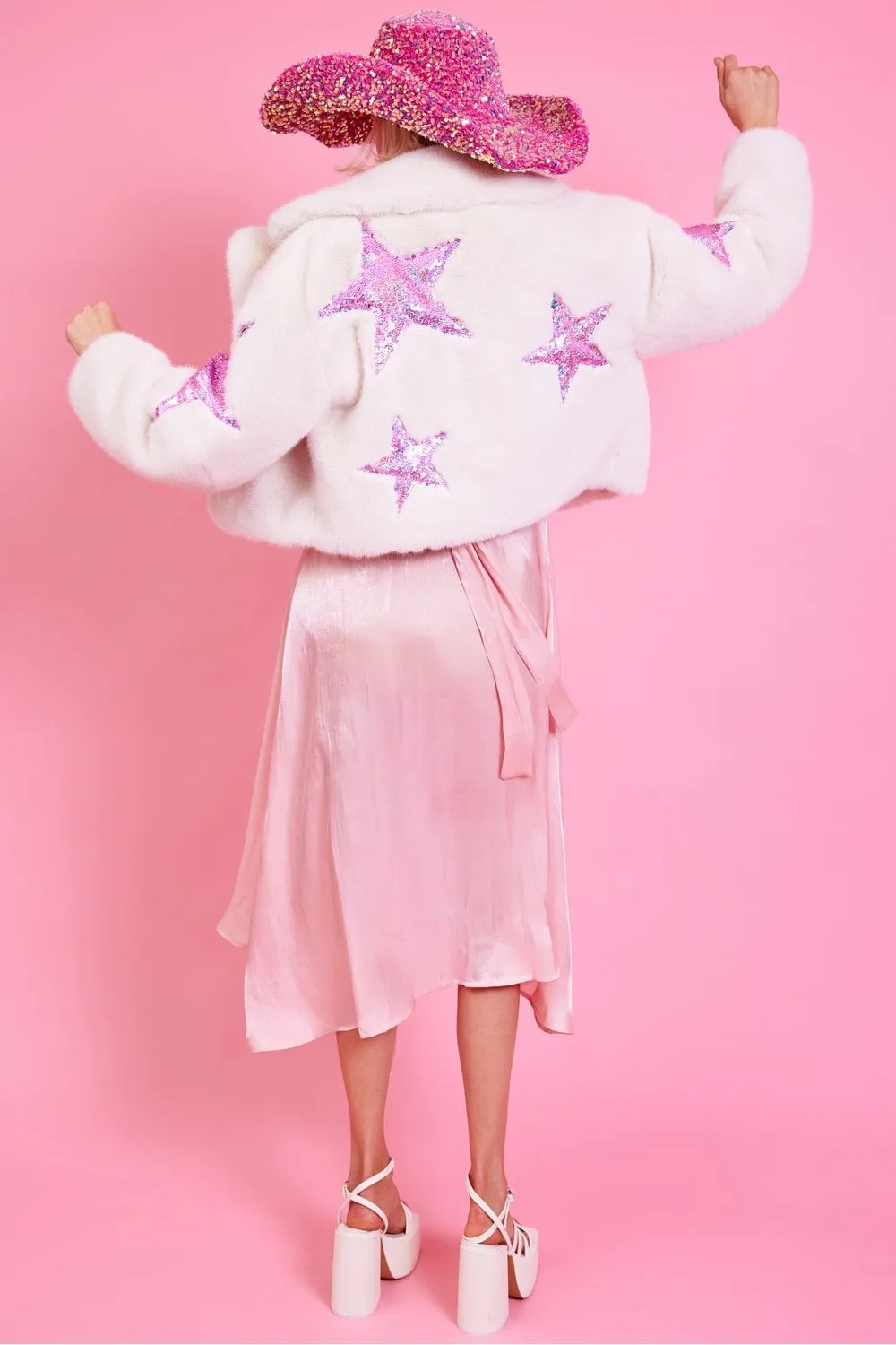 White Faux Fur Sequin Star Jacket