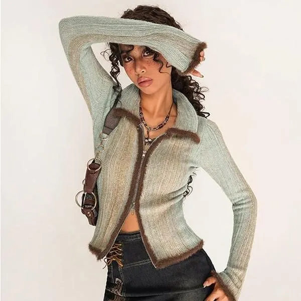 Women's Slim Fit Knitted Cardigan with Two-Way Zipper and Flash Stripes